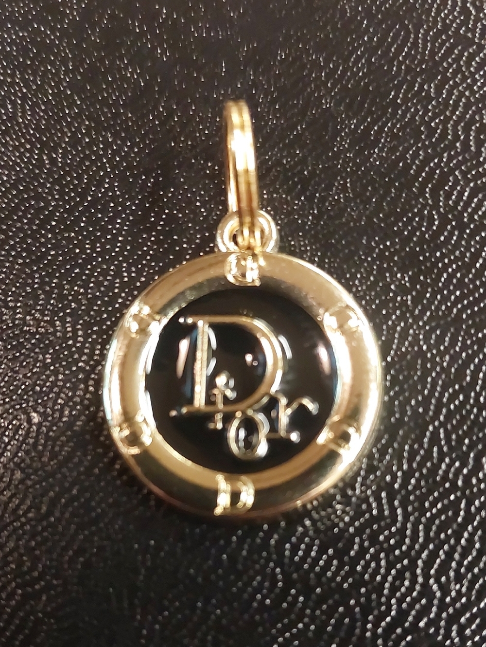 CD Black Enamel & Gold Round Logo Charm Pendant